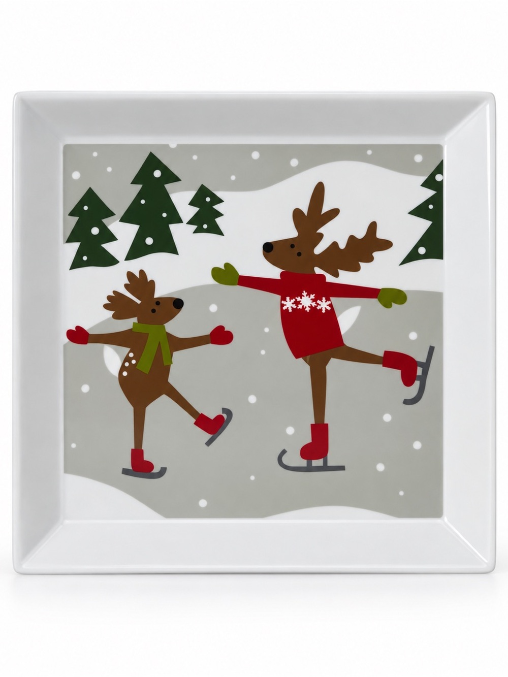 Crate & Barrel Joan Anderson Reindeer Ice Skating Christmas Platter 12” NWT